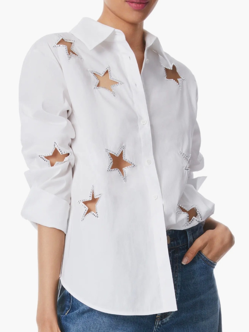 Alice + Olivia White Button-Down Shirt with Crystal Star Accents